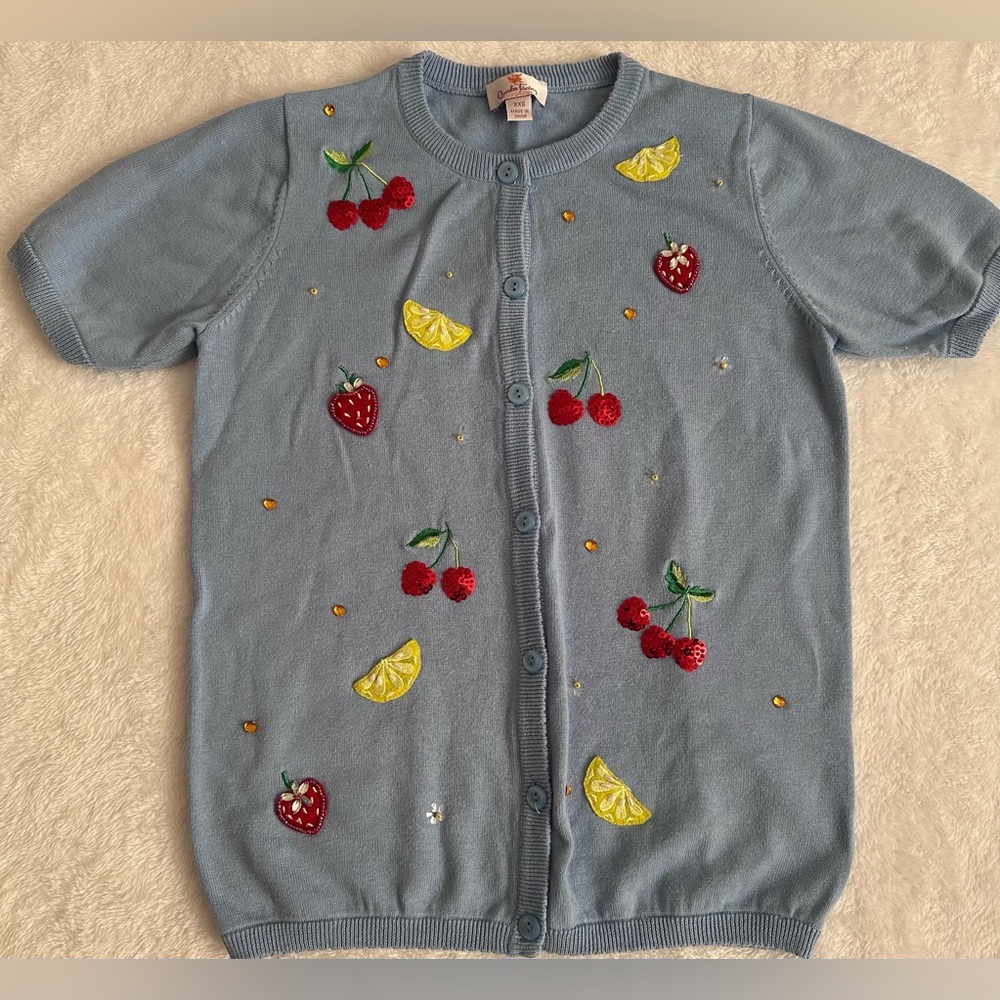 Quacker Factory Fruit Embroidered Cardigan XXS Blue Sequin Lemon Strawberry